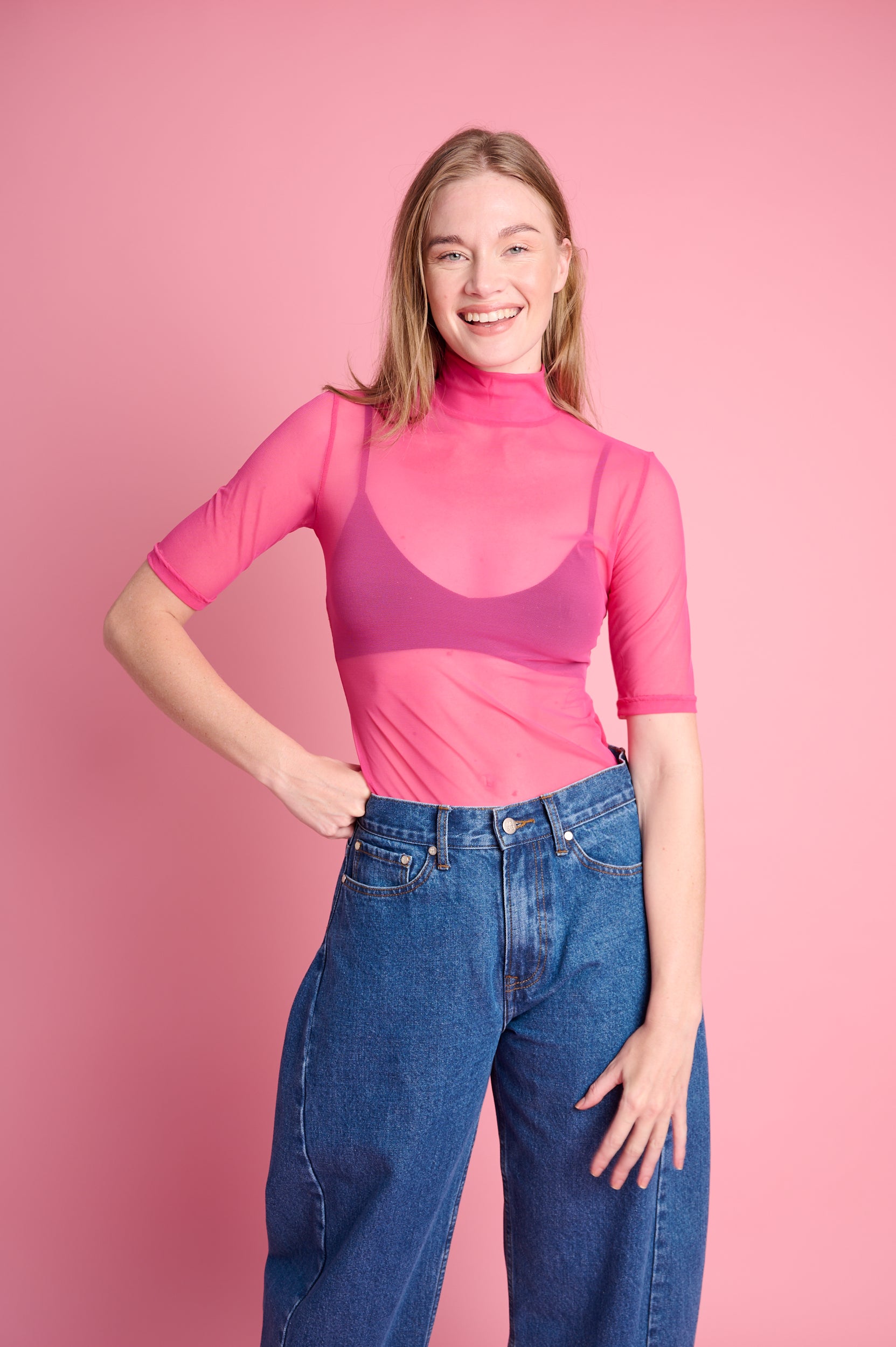 Polo Mesh Three Quarter Sleeve in Pink