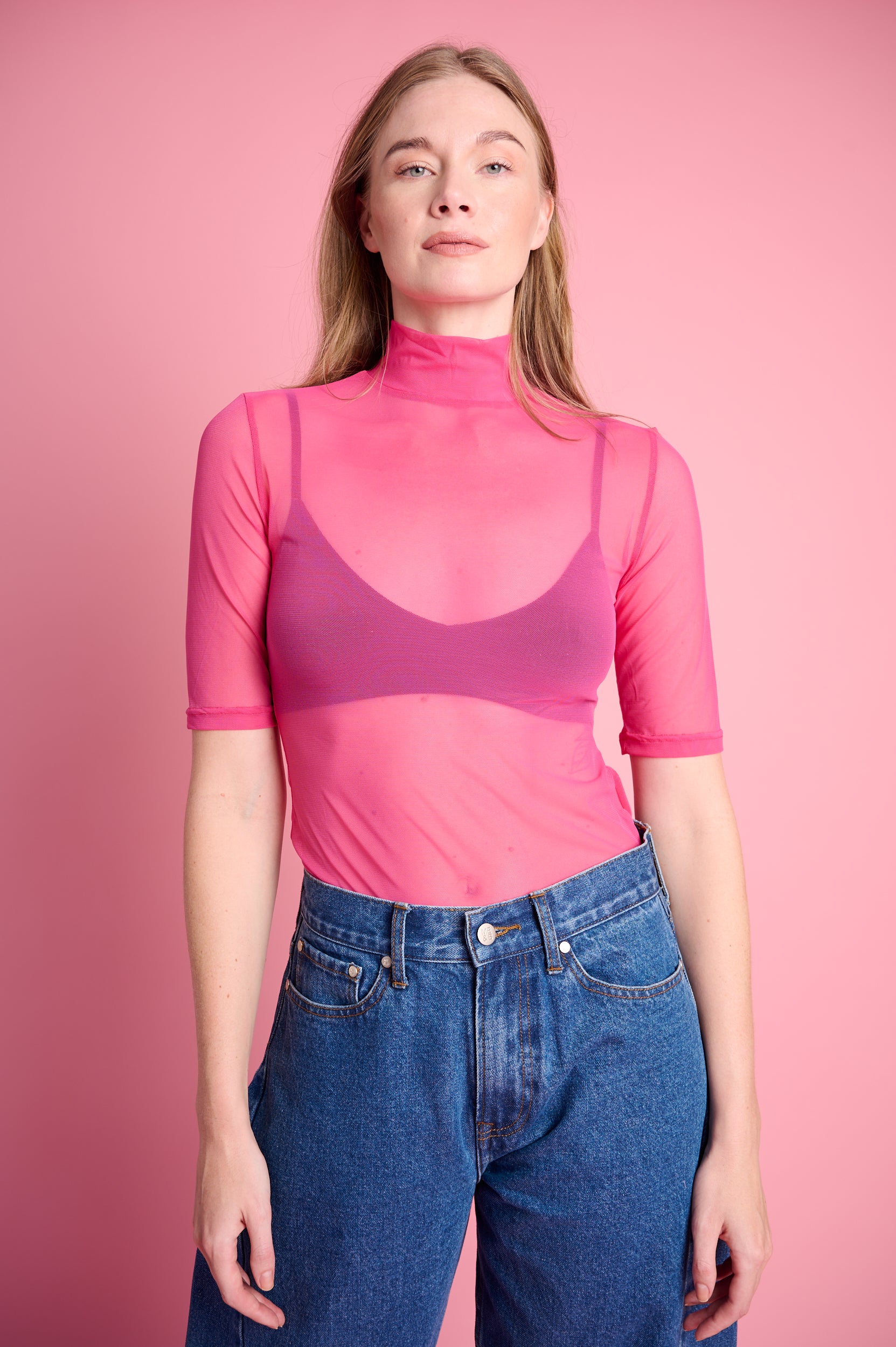 Polo Mesh Three Quarter Sleeve in Pink