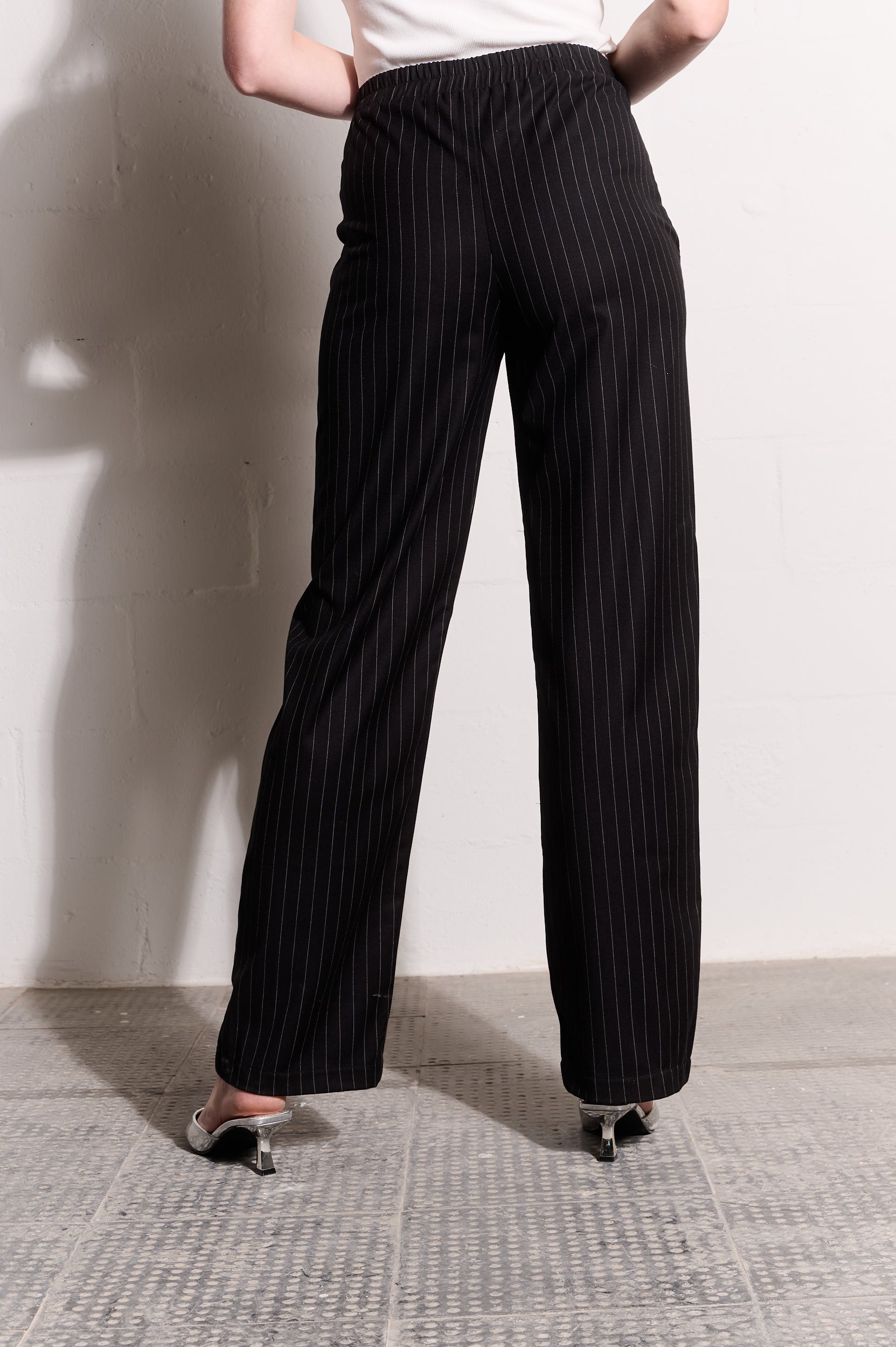 Wide leg Elasticated Pant in Black Pinstripe