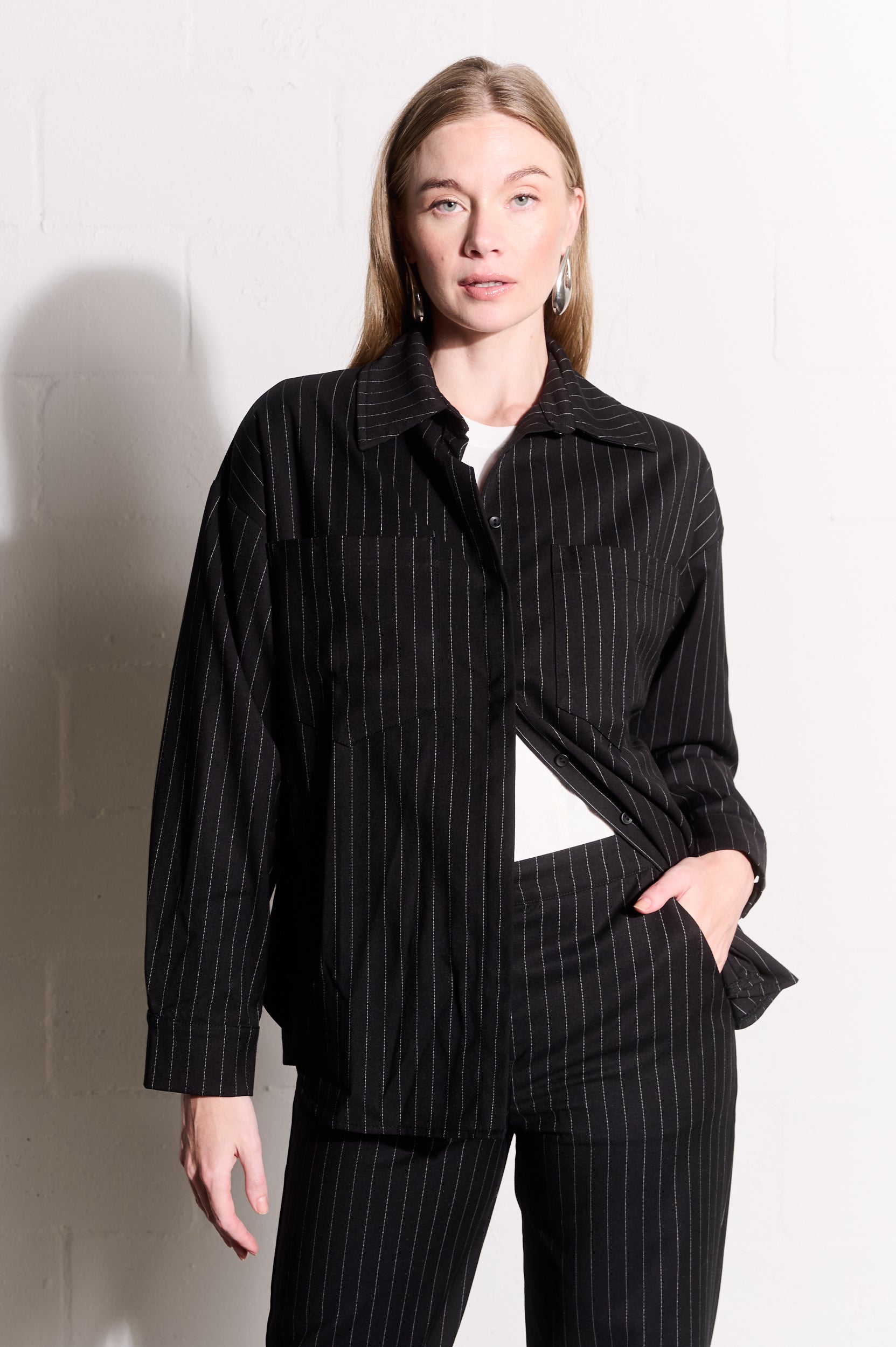 Suiting Shacket in Black Pinstripe