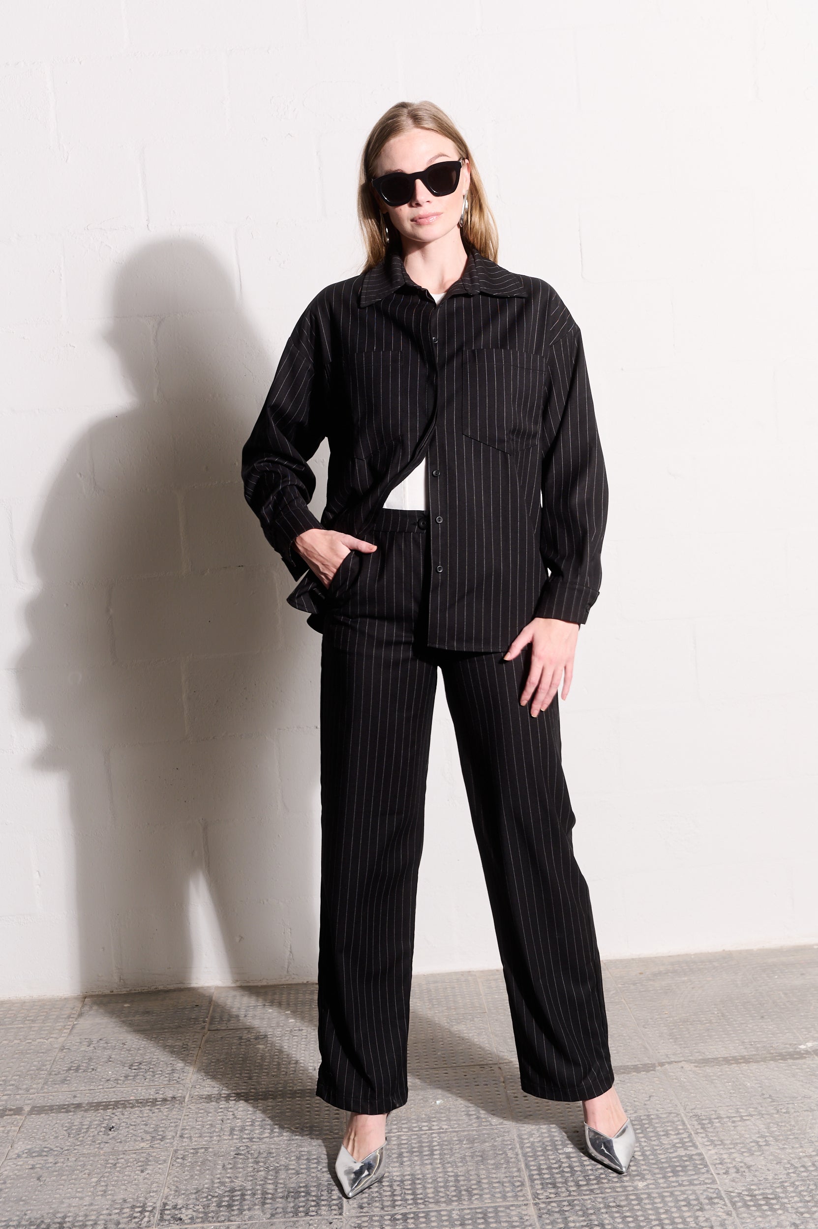 Suiting Shacket in Black Pinstripe