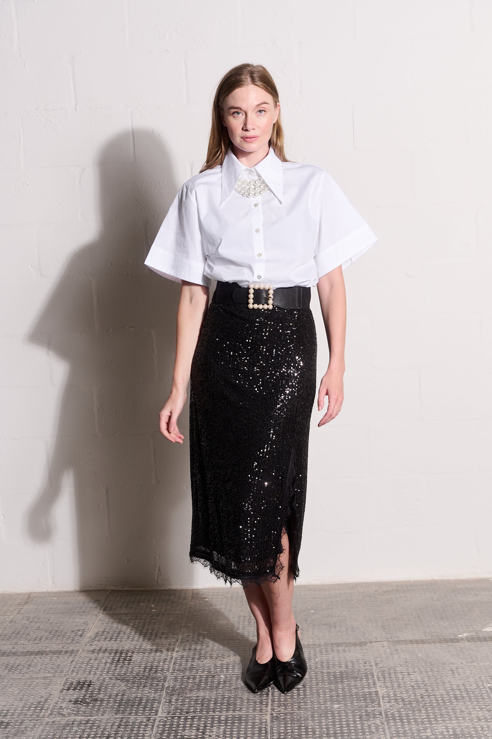 Sequin Skirt with Lace in Black