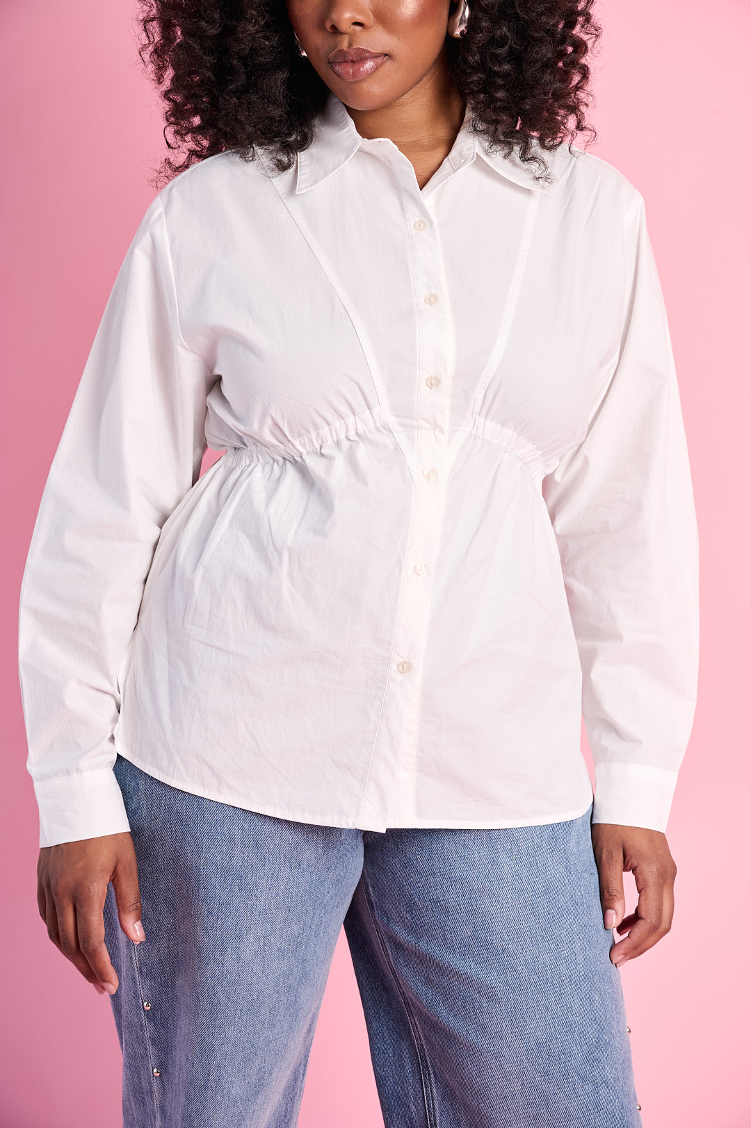Ruched Empire Cotton Shirt in Milk