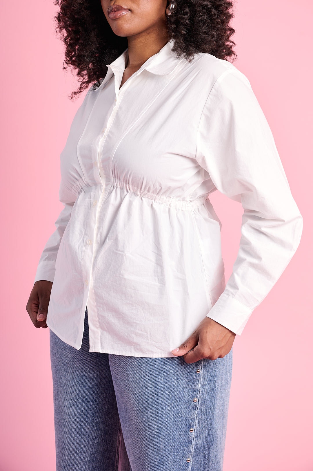 Ruched Empire Cotton Shirt in Milk