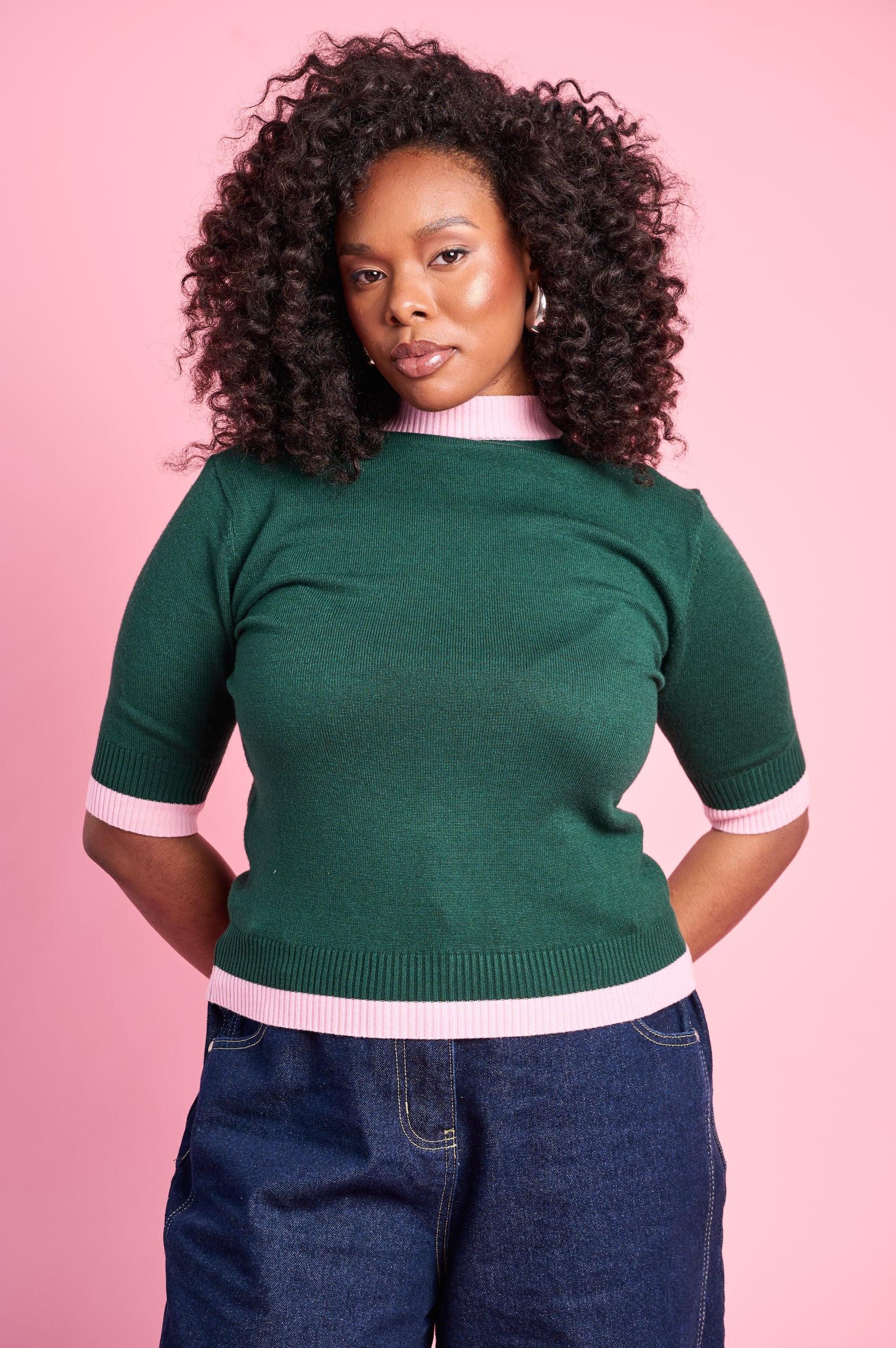 Ballerina Lightweight Knitwear in Emerald/Pink