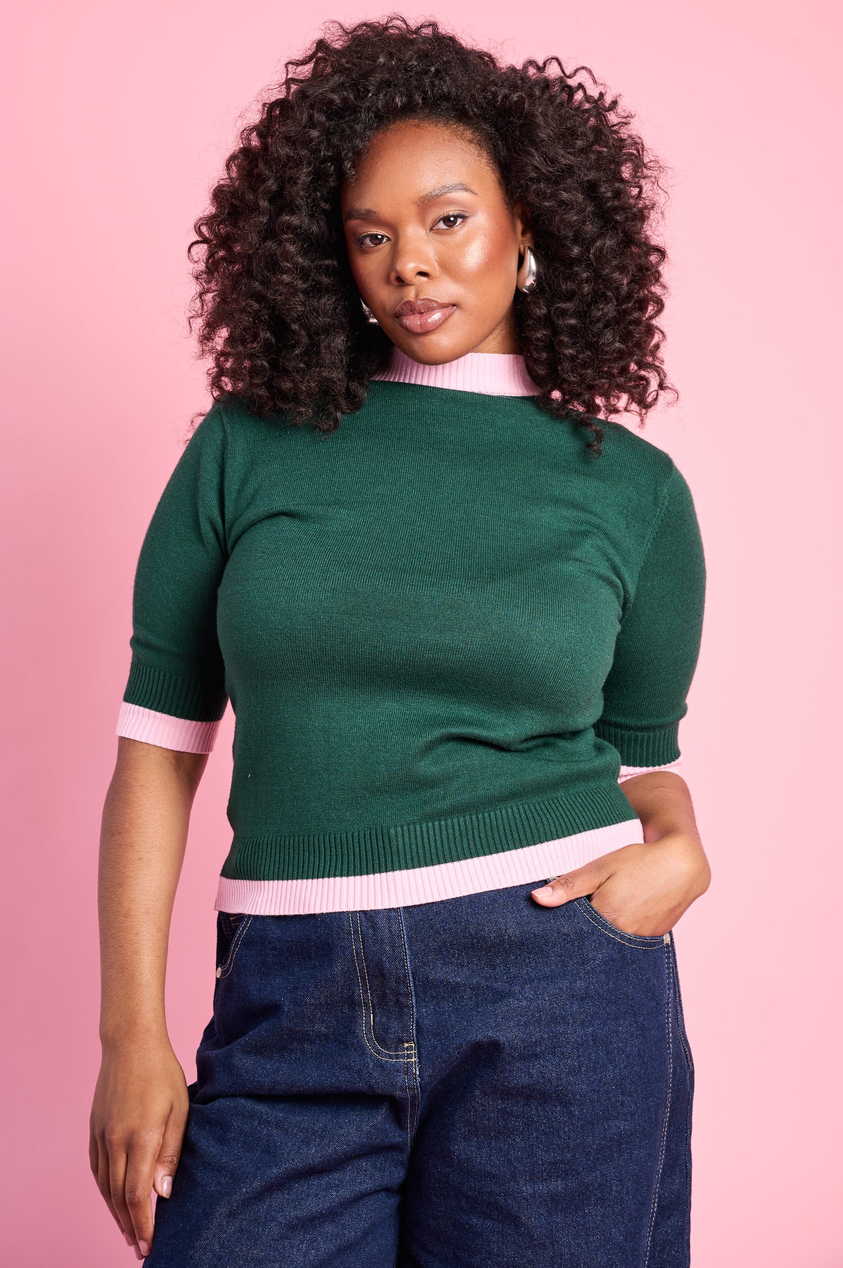 Ballerina Lightweight Knitwear in Emerald/Pink