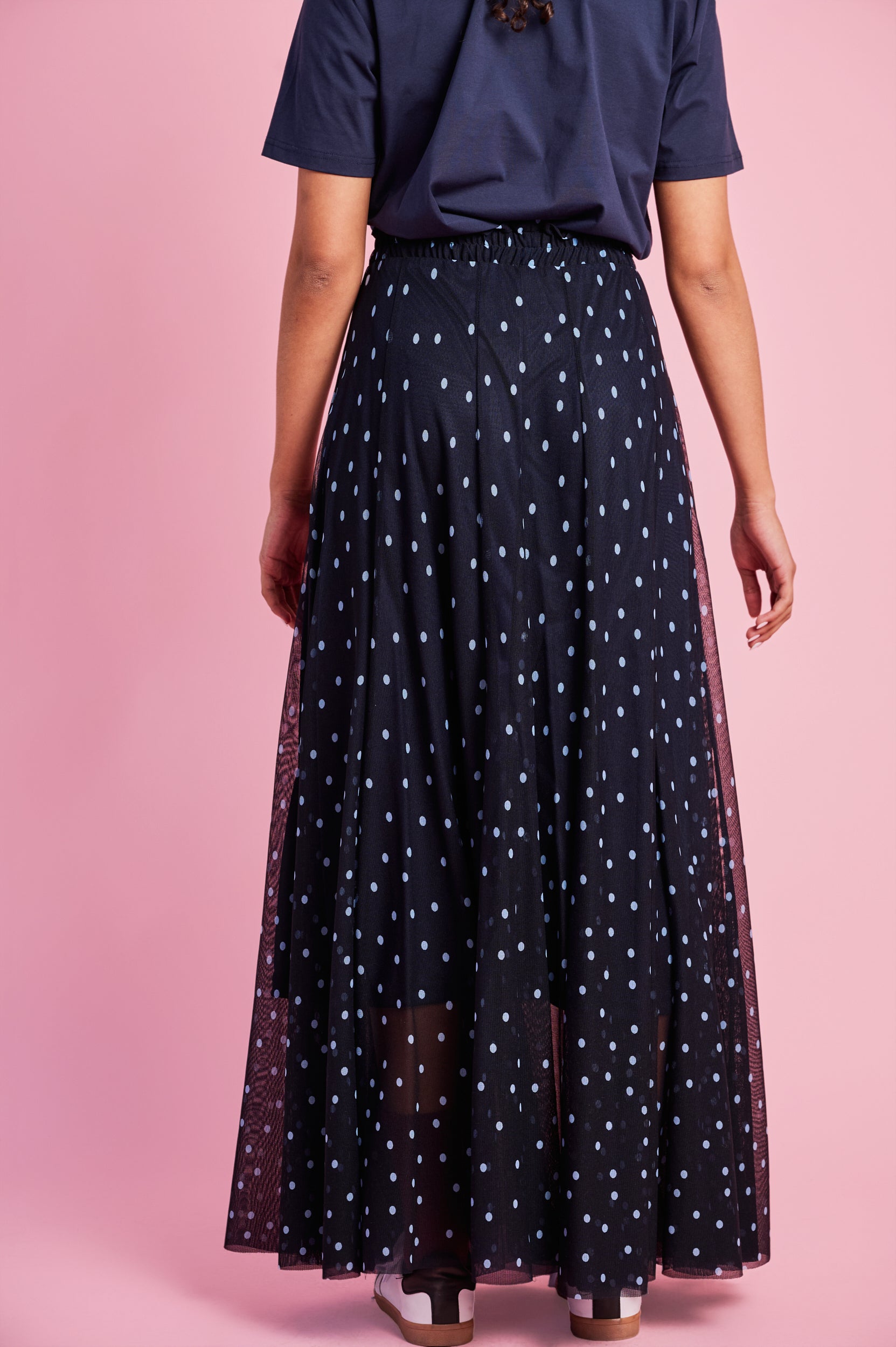 Panelled Lined Mesh Skirt in Blue Spot