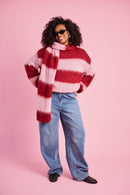 Fluffy Stripe Jumper in Burgundy Pink