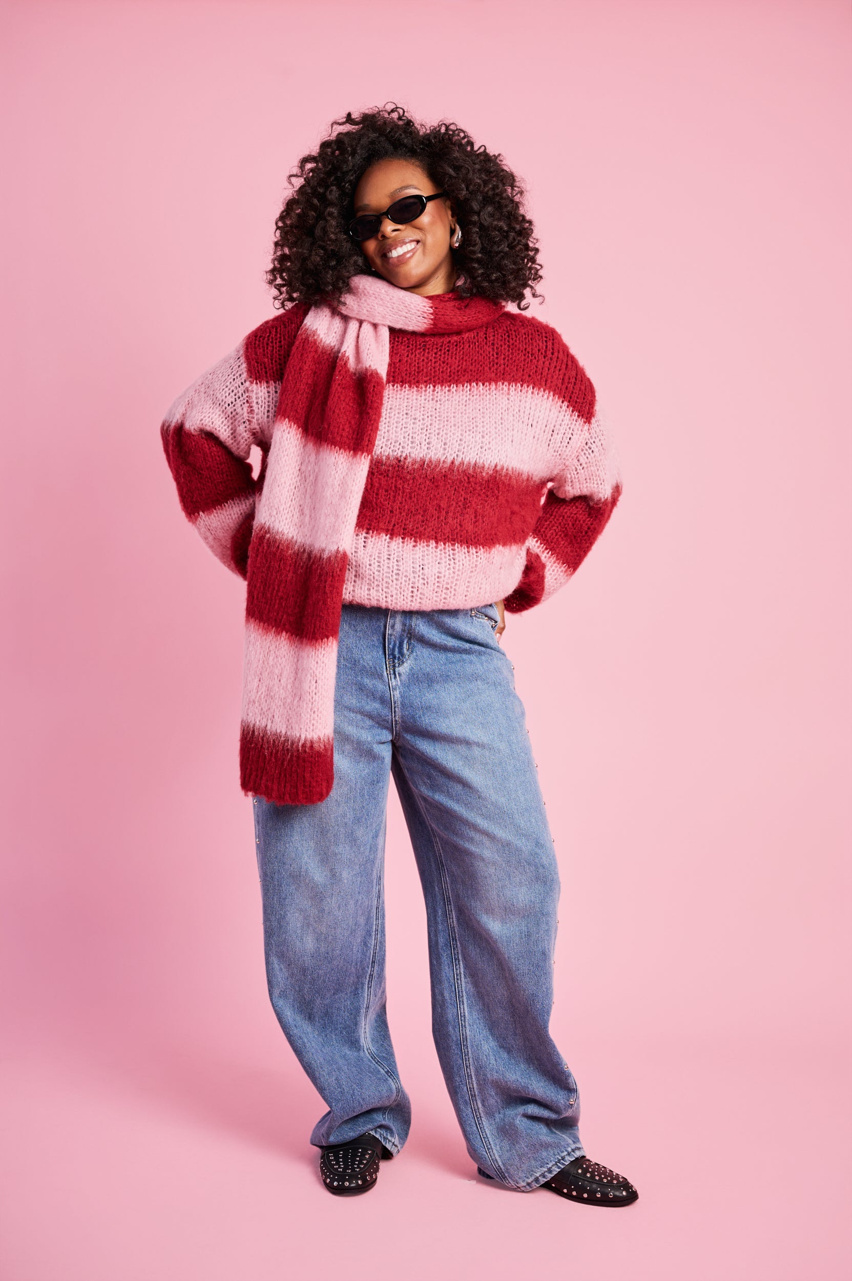 Fluffy Stripe Jumper in Burgundy Pink