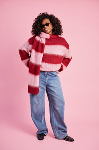 Fluffy Stripe Jumper in Burgundy Pink