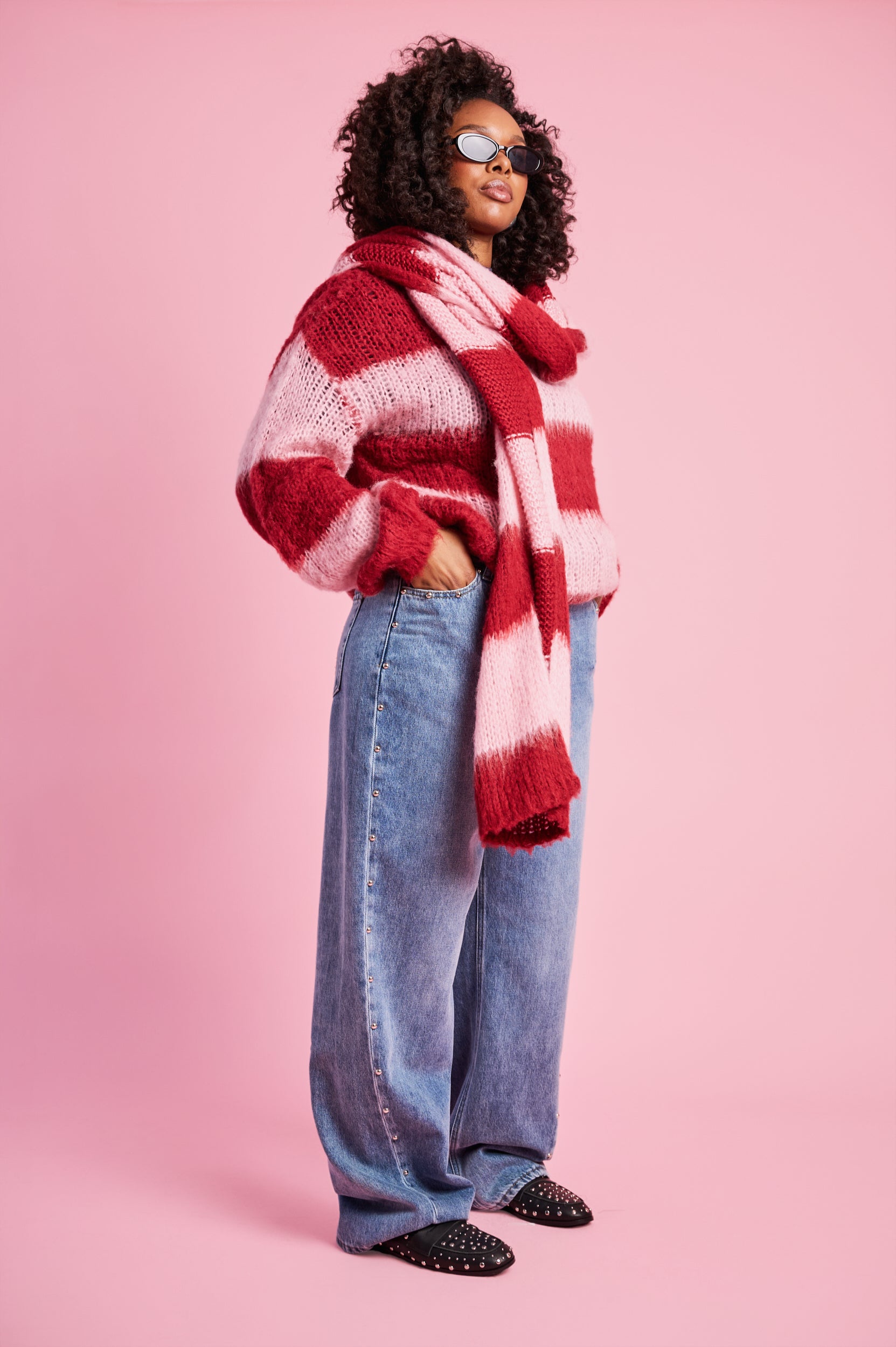 Fluffy Stripe Jumper in Burgundy Pink