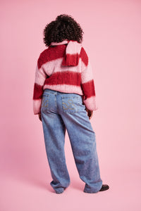 Fluffy Stripe Jumper in Burgundy Pink