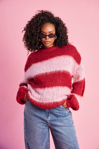 Fluffy Stripe Jumper in Burgundy Pink