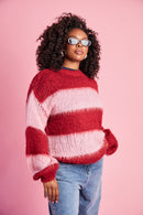 Fluffy Stripe Jumper in Burgundy Pink
