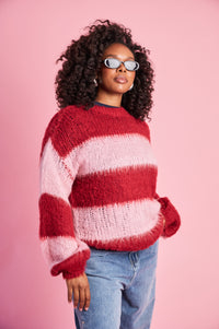Fluffy Stripe Jumper in Burgundy Pink