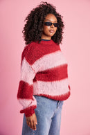 Fluffy Stripe Jumper in Burgundy Pink