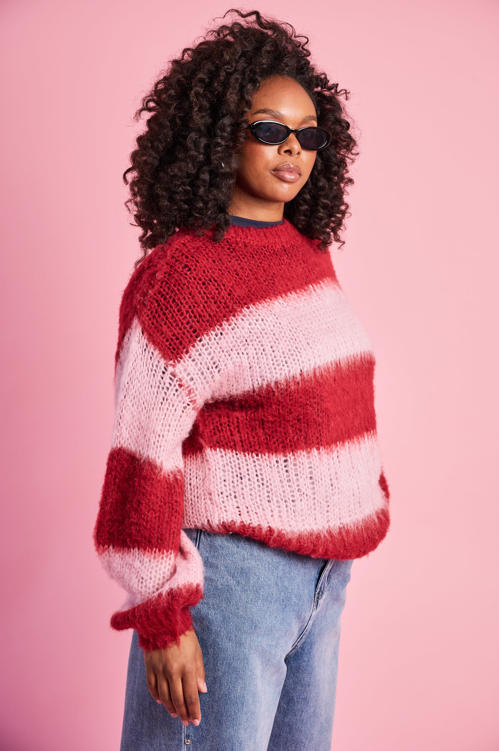 Fluffy Stripe Jumper in Burgundy Pink