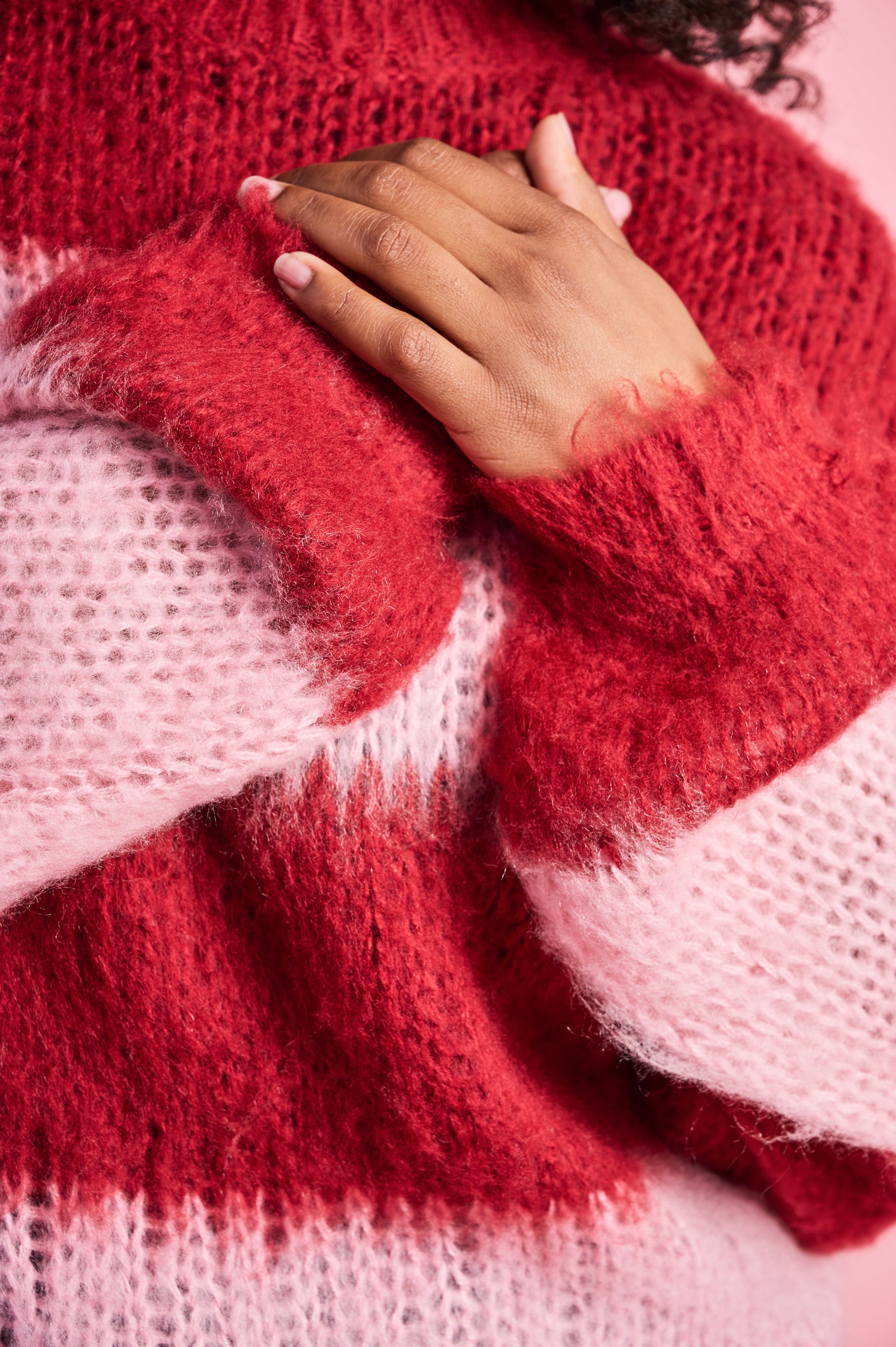 Fluffy Stripe Jumper in Burgundy Pink