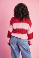 Fluffy Stripe Jumper in Burgundy Pink