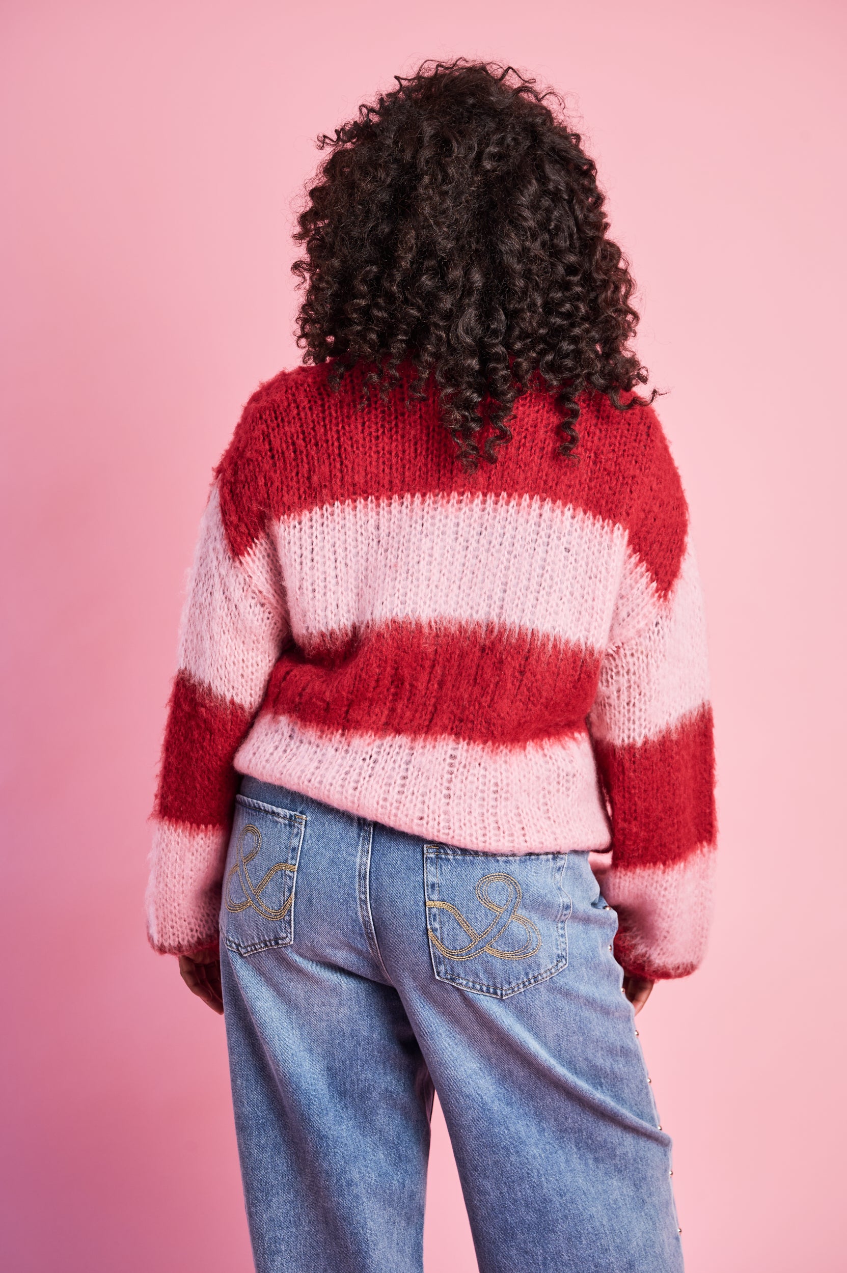 Fluffy Stripe Jumper in Burgundy Pink
