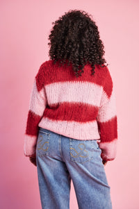 Fluffy Stripe Jumper in Burgundy Pink