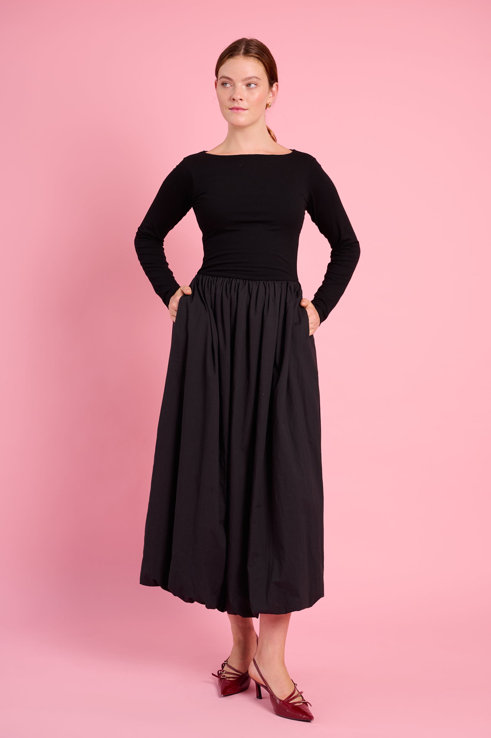 Long Sleeve Combo Dress in Black