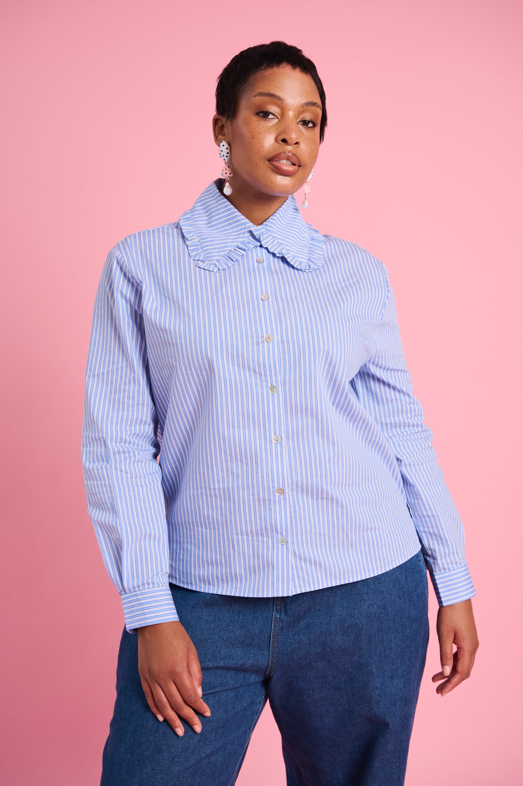 Peter Pan Collar Shirt in Blue Stripe