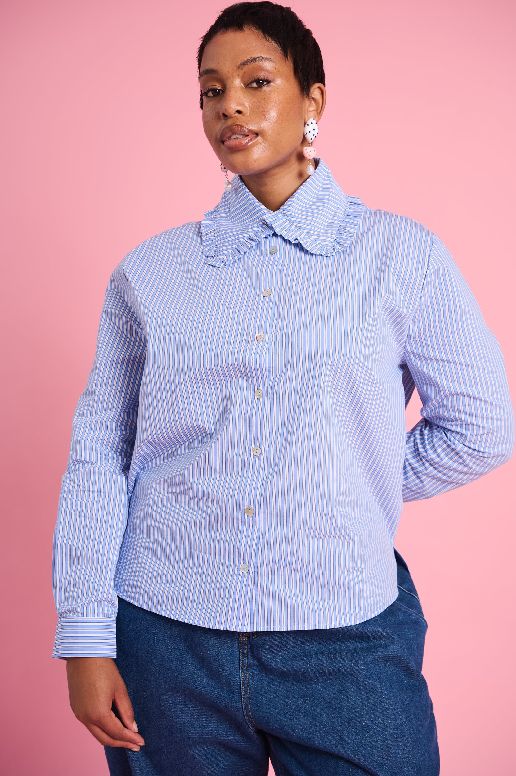 Peter Pan Collar Shirt in Blue Stripe