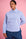 Model is wearing a blue stripe peter pan shirt and blue jeans 