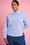 Model is wearing a blue stripe peter pan shirt and blue jeans 