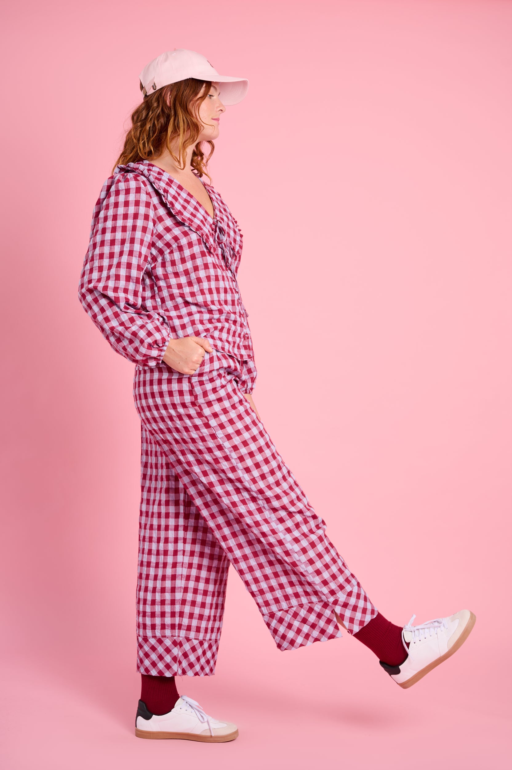 Elasticated Pants in Ice Burgundy Check