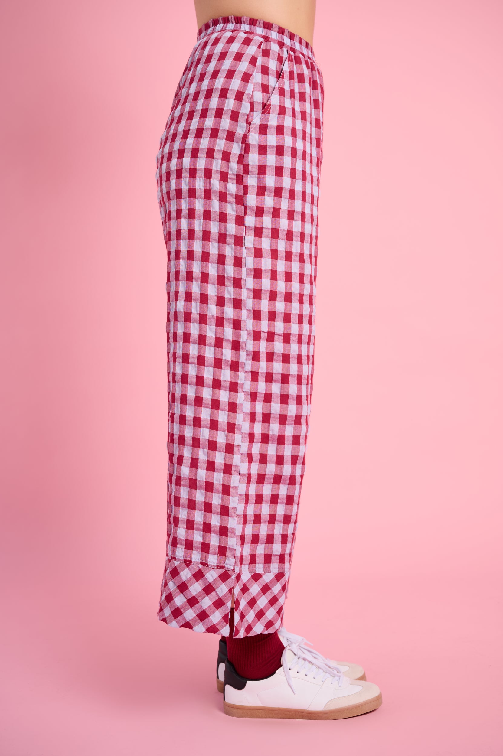 Elasticated Pants in Ice Burgundy Check