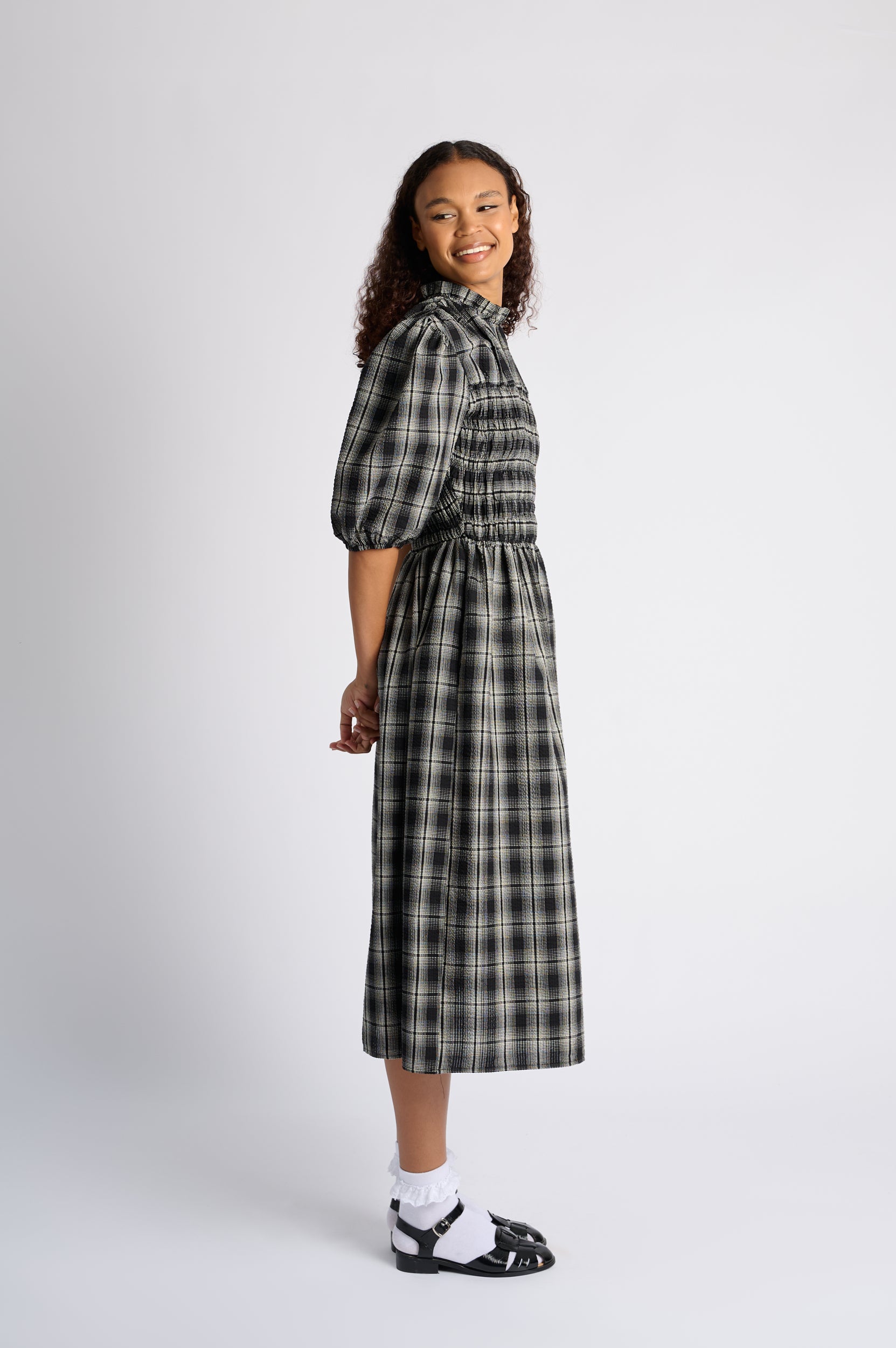 Shirring Cotton Dress in Black Check