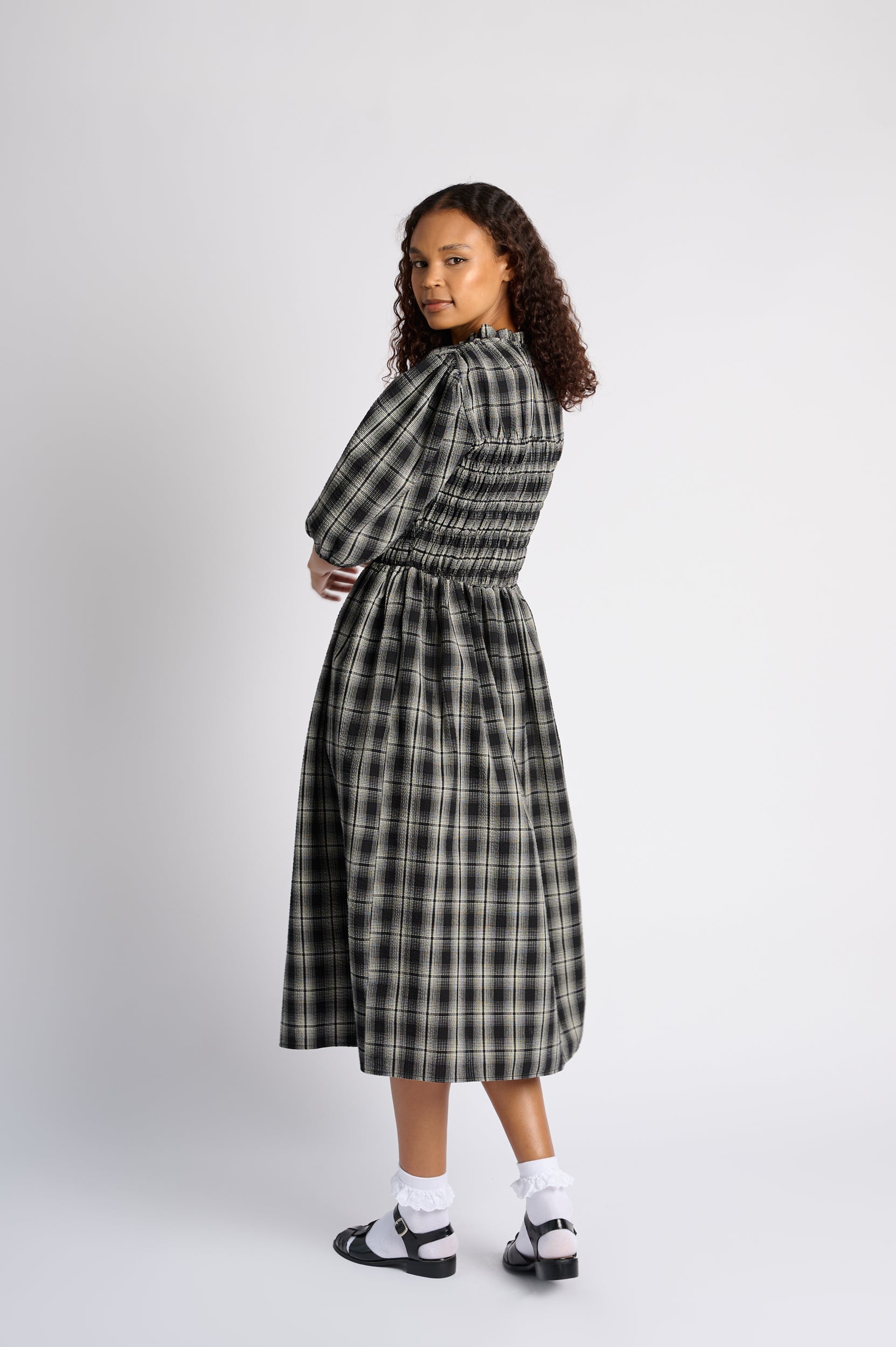 Shirring Cotton Dress in Black Check