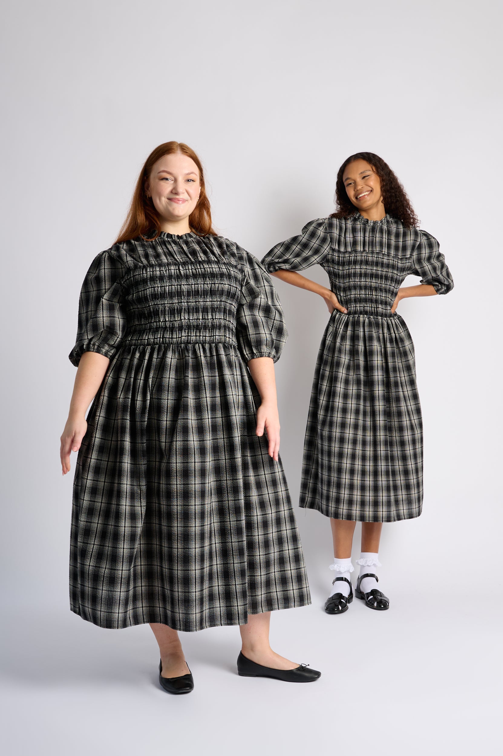 Shirring Cotton Dress in Black Check