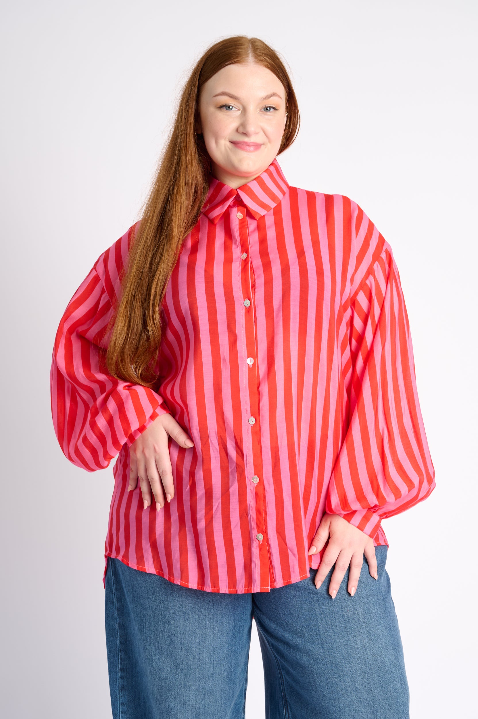 The Bellow Sleeve Shirt in Pink Red Stripe