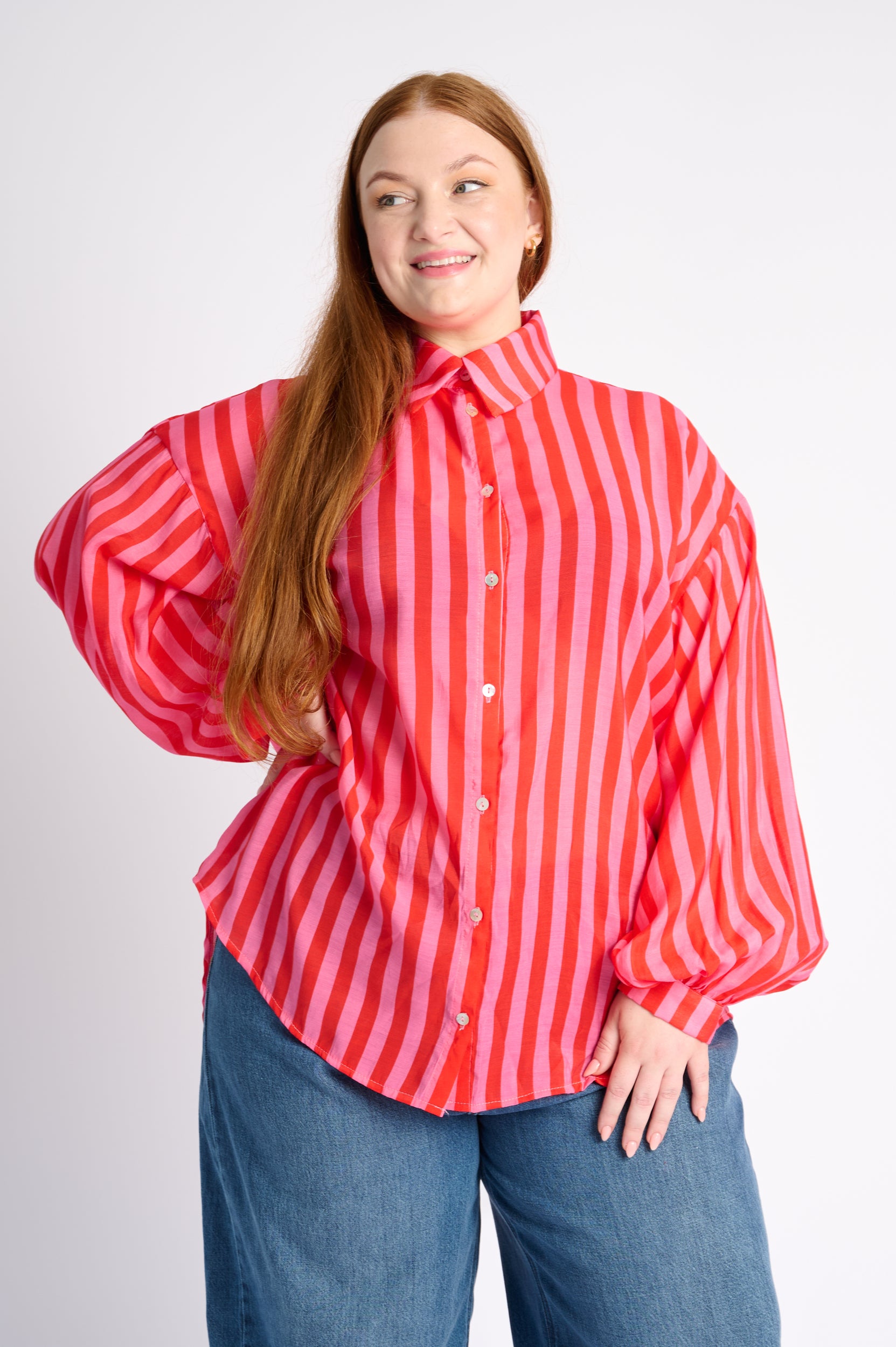 The Bellow Sleeve Shirt in Pink Red Stripe