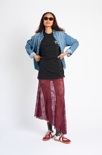 Asymmetrical Hem Lace Skirt in Burgundy