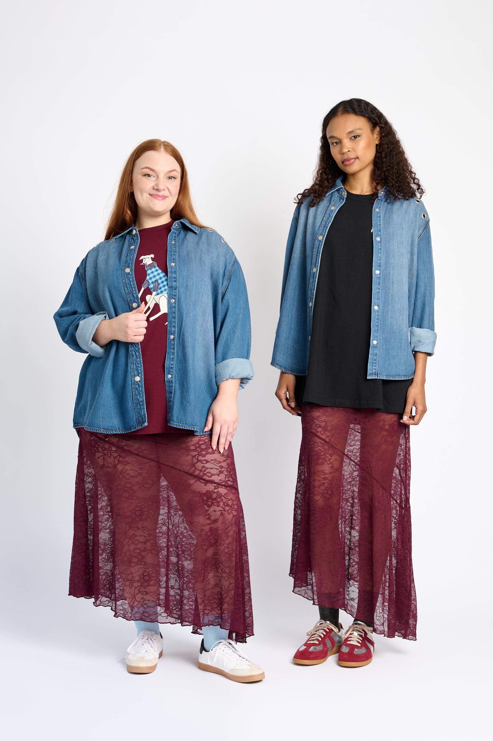Models are wearing a burgundy lace skirt with denim jacket and sneakers