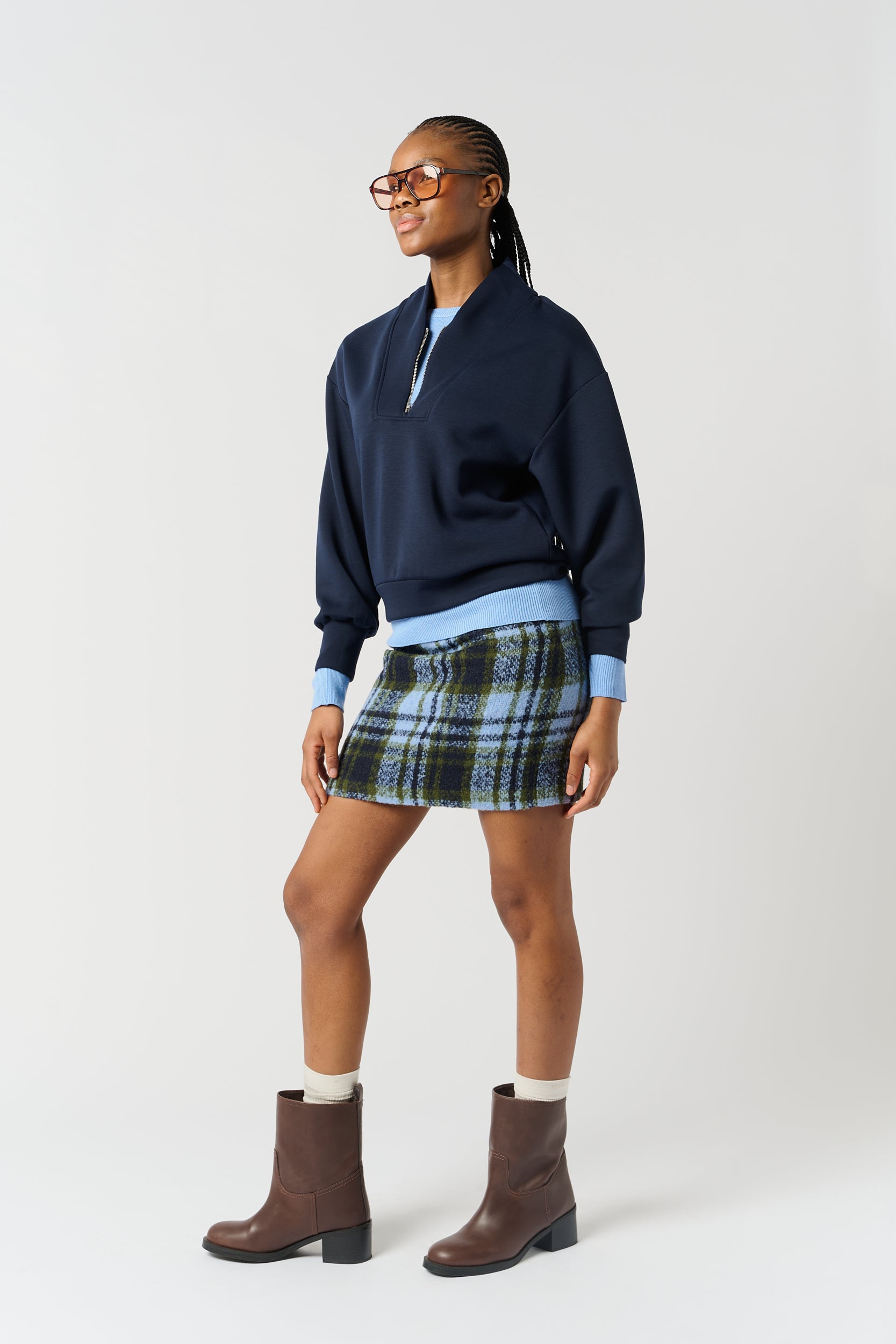 スカート M meeme Light shaggy check miniskirt Melton Mini Skirt in Ice/Moss – Me&B