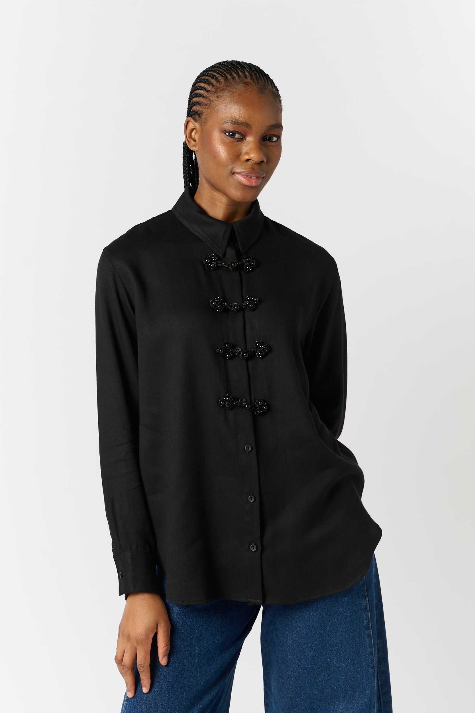 Tencel Shirt with Beaded Knot Closure