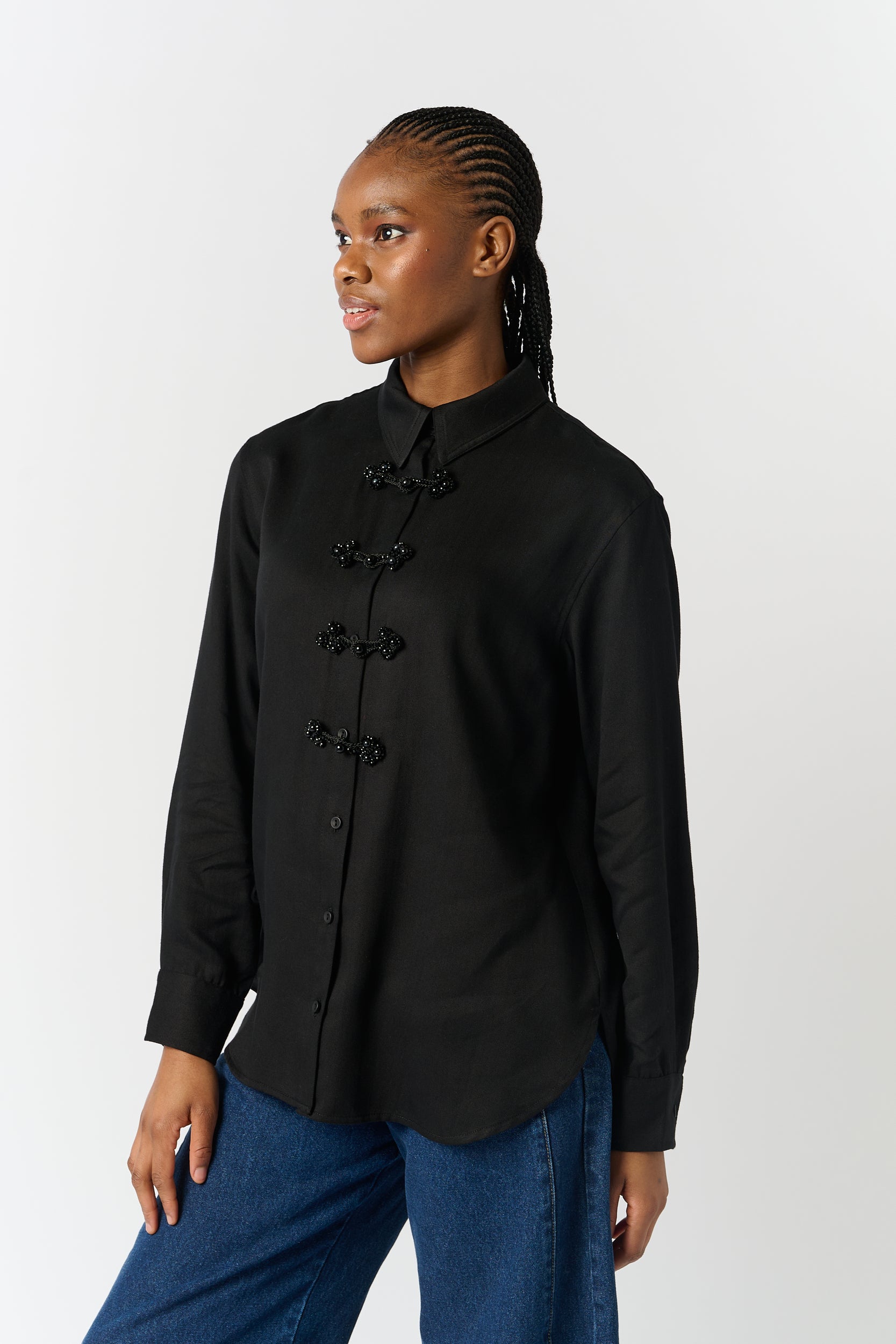 Tencel Shirt with Beaded Knot Closure