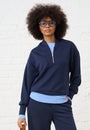 Model is wearing a navy quarter zip layered with a blue jumper and matching wide legs pants with leopard print sneakers  and brown accessories 