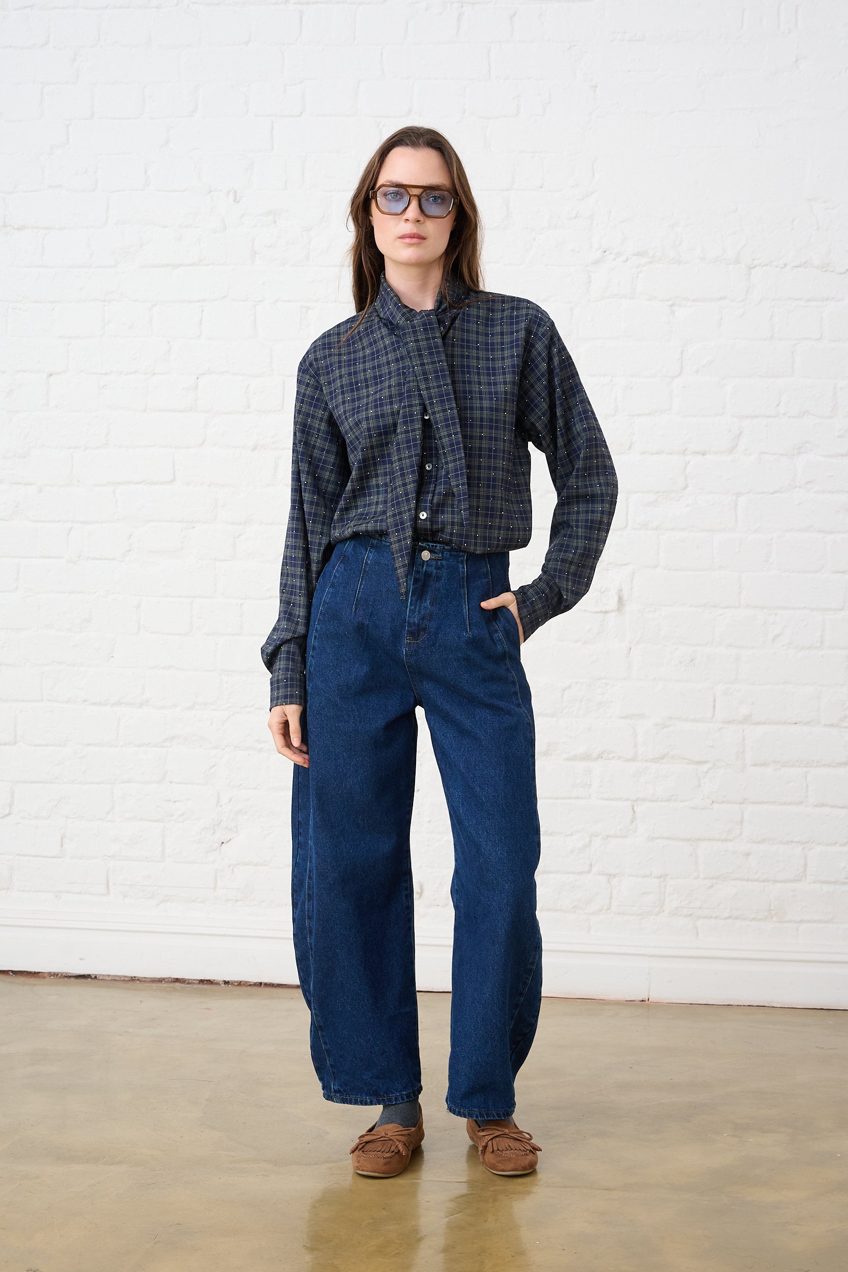 Bow Shirt in Green Check