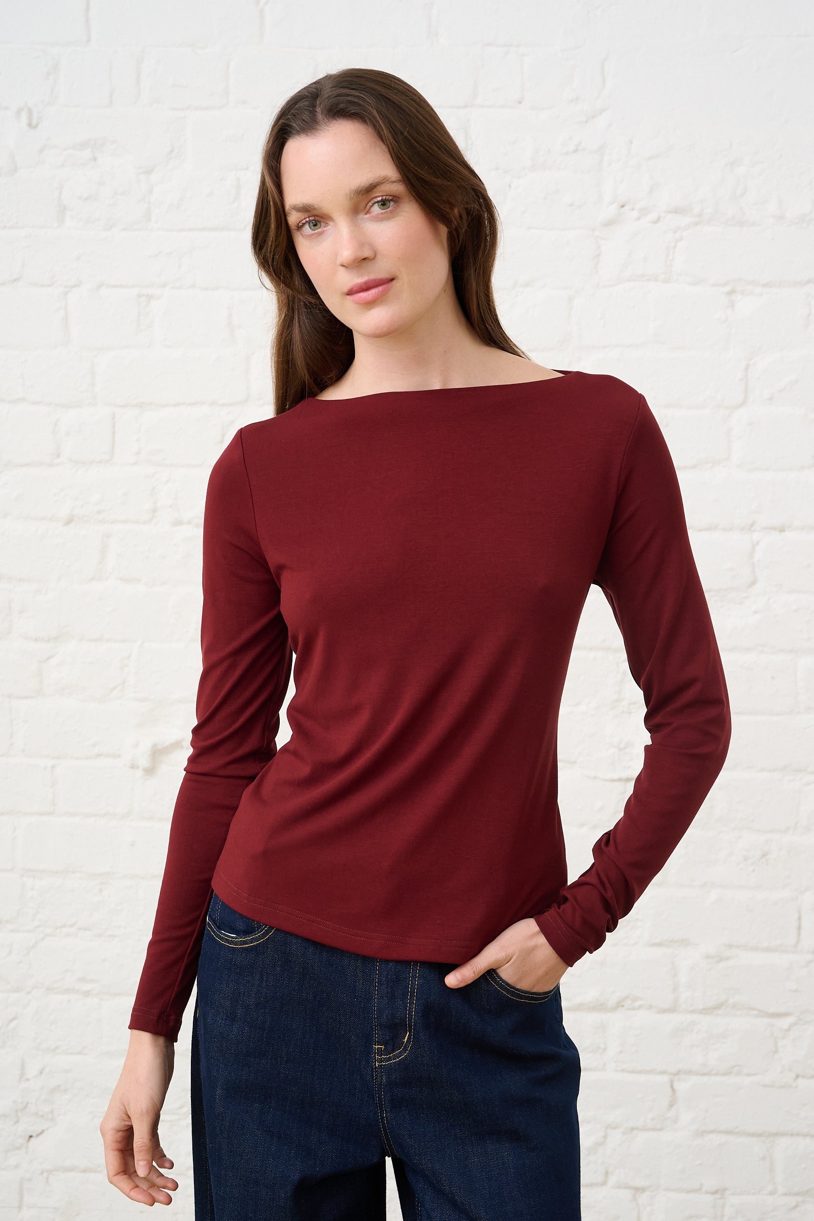 Luxe Boat Neck Top In Burgundy