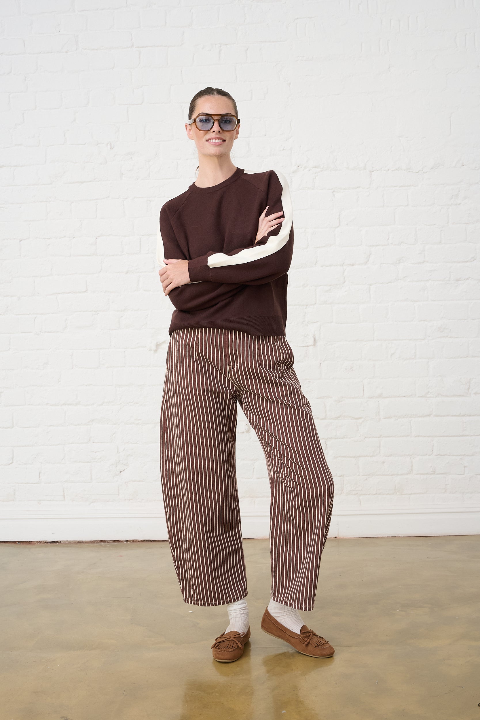 Contour Waist Barrel Leg Jeans in Choc Stripe