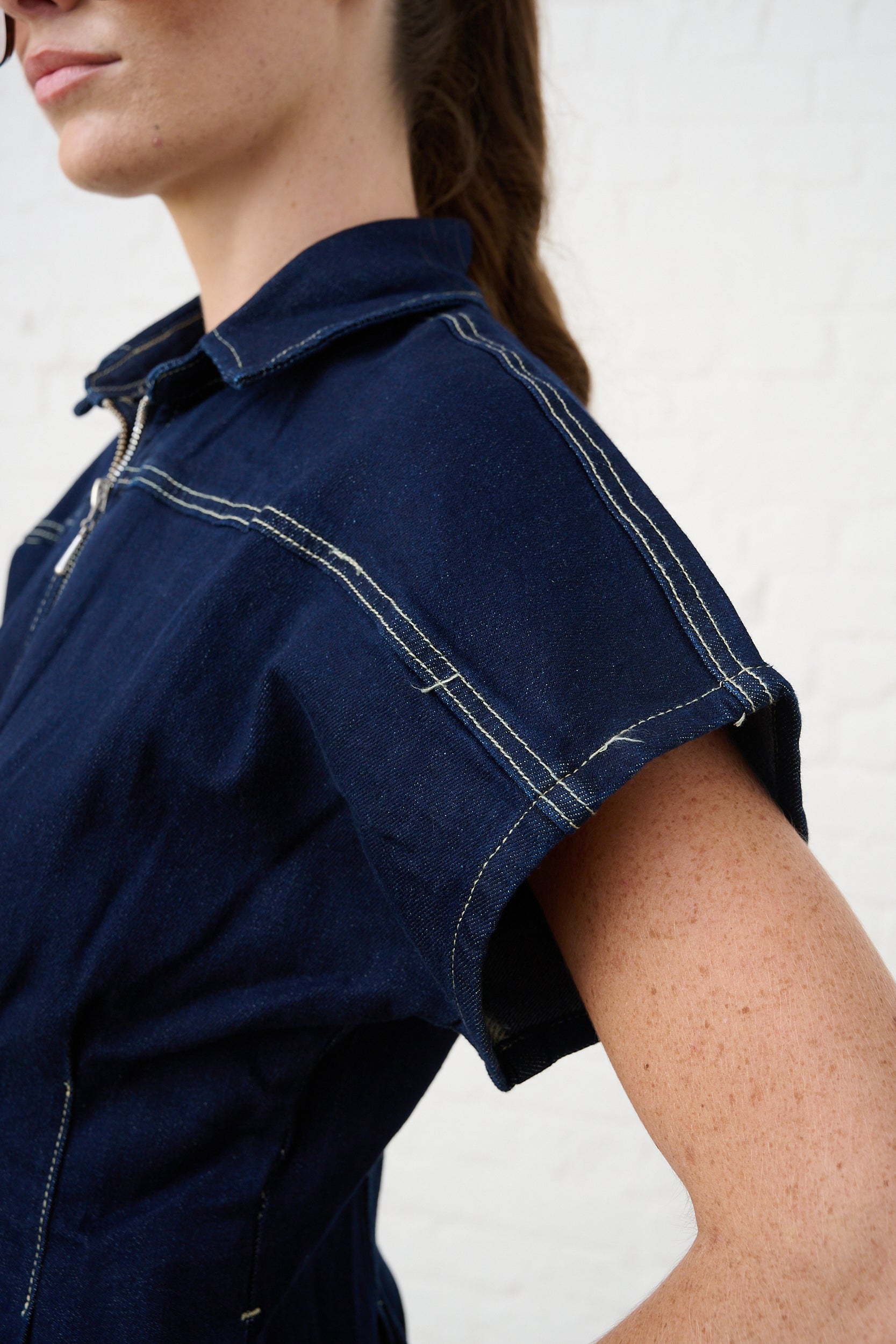 Zip Front Denim Shirt Dress in Dark Wash