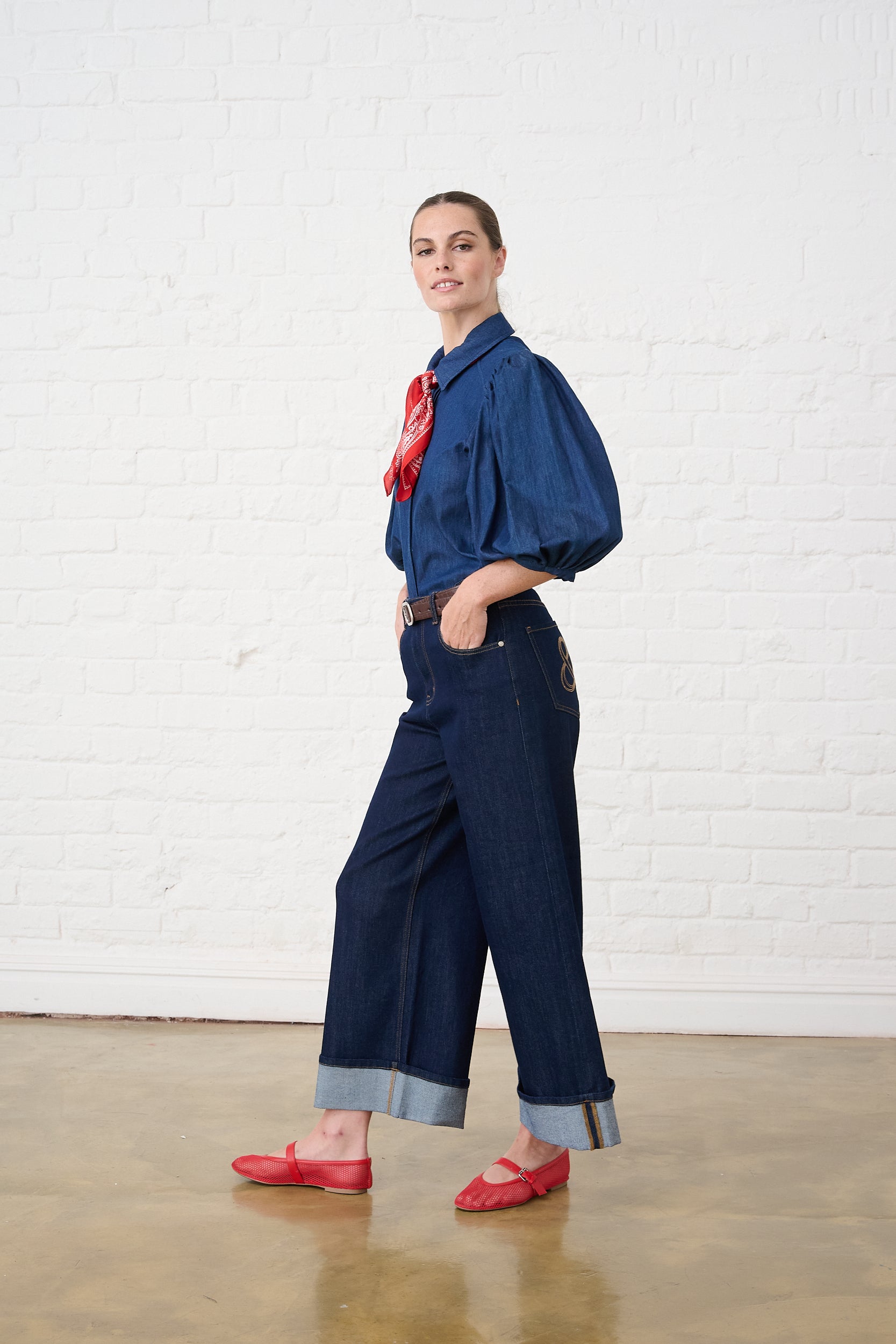 Denim Puffed Sleeve Blouse