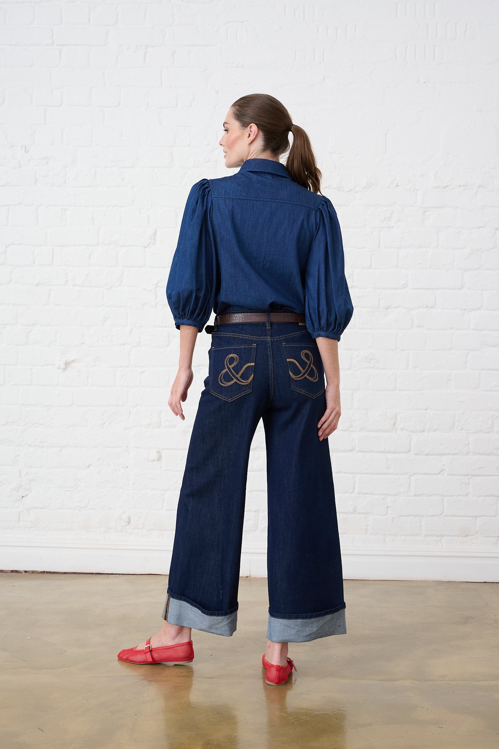 Denim Puffed Sleeve Blouse