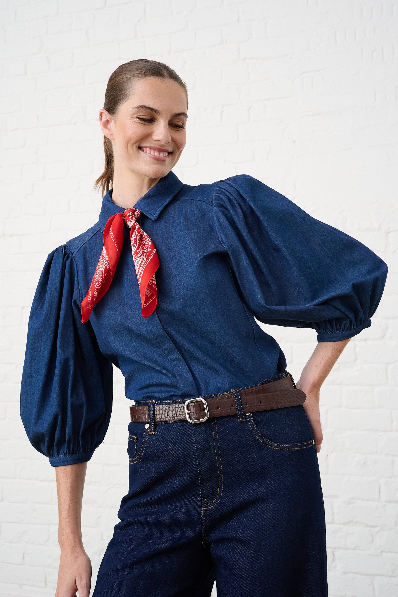 Denim Puffed Sleeve Blouse